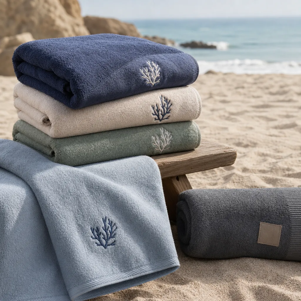 Personalized beach towels for adults with embroidery and woven label options on resort sand