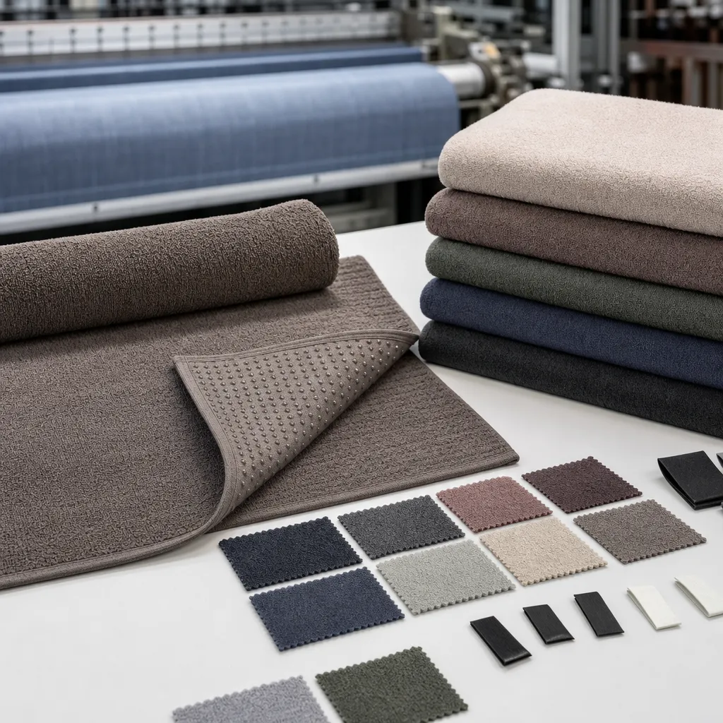 Factory sampling table with alo yoga mat towel benchmark, microfiber swatches, silicone grip, and woven labels