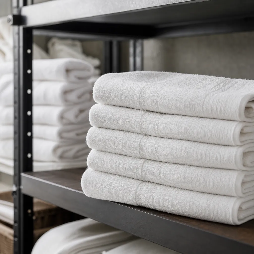 Amtex hotel supply sourcing checklist for bamboo cotton hotel towels folded on a laundry shelf