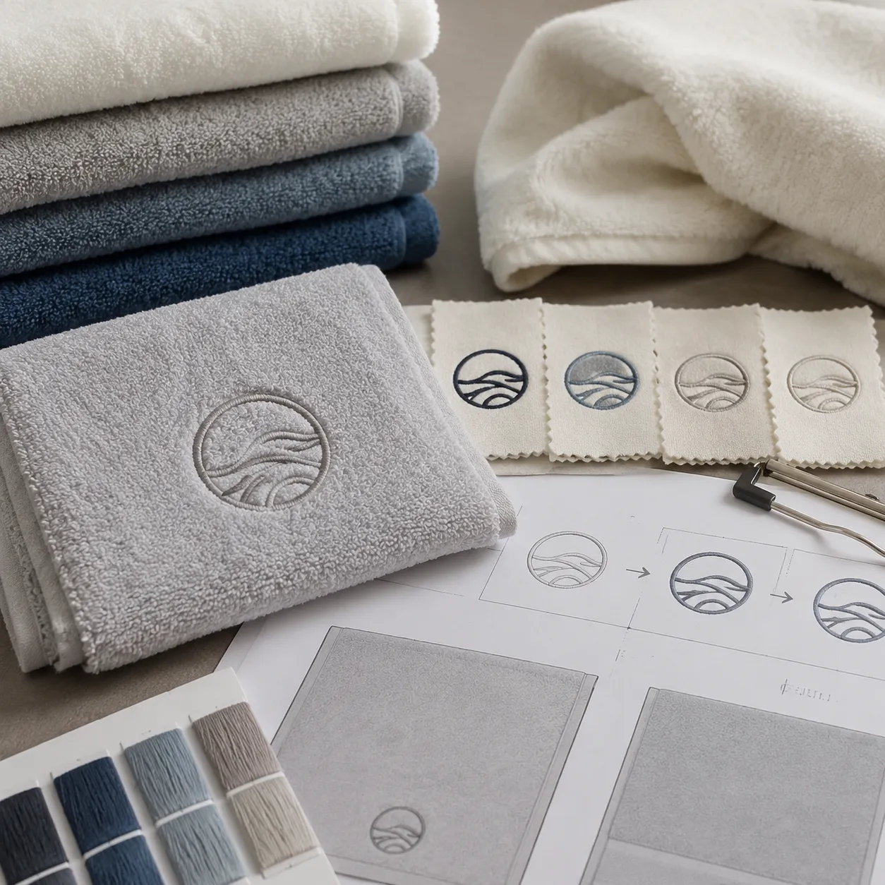 Embroidered hand towel sample approval workflow showing logo stitch test on cotton terry
