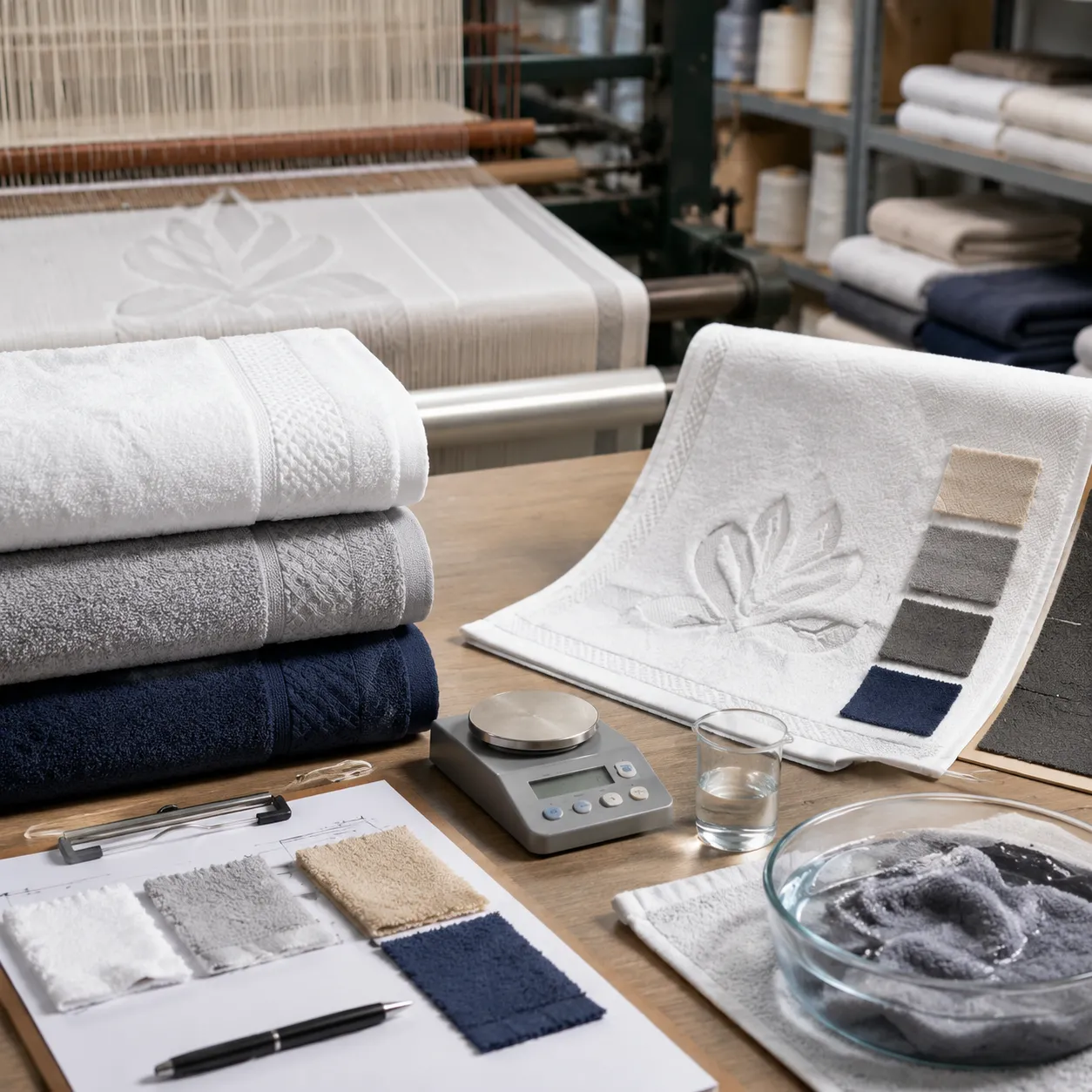 Resort pool towel sample approval workflow showing GSM, logo, color, and wash-test checks before bulk