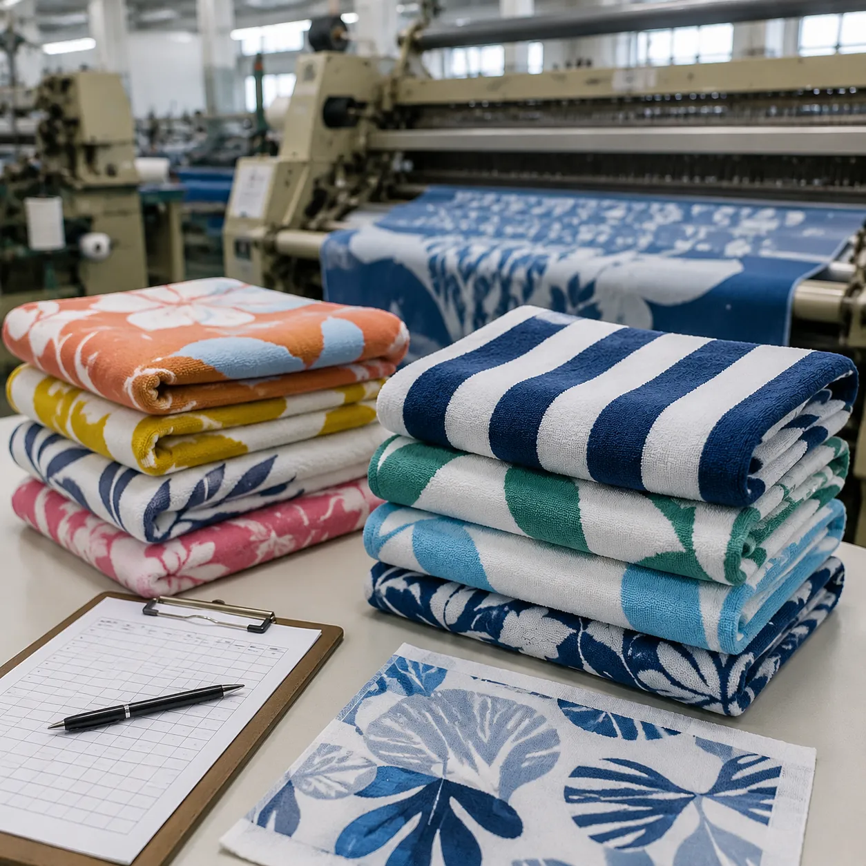Custom beach towel factory audit checklist reviewing printing, QC and packing at an OEM mill