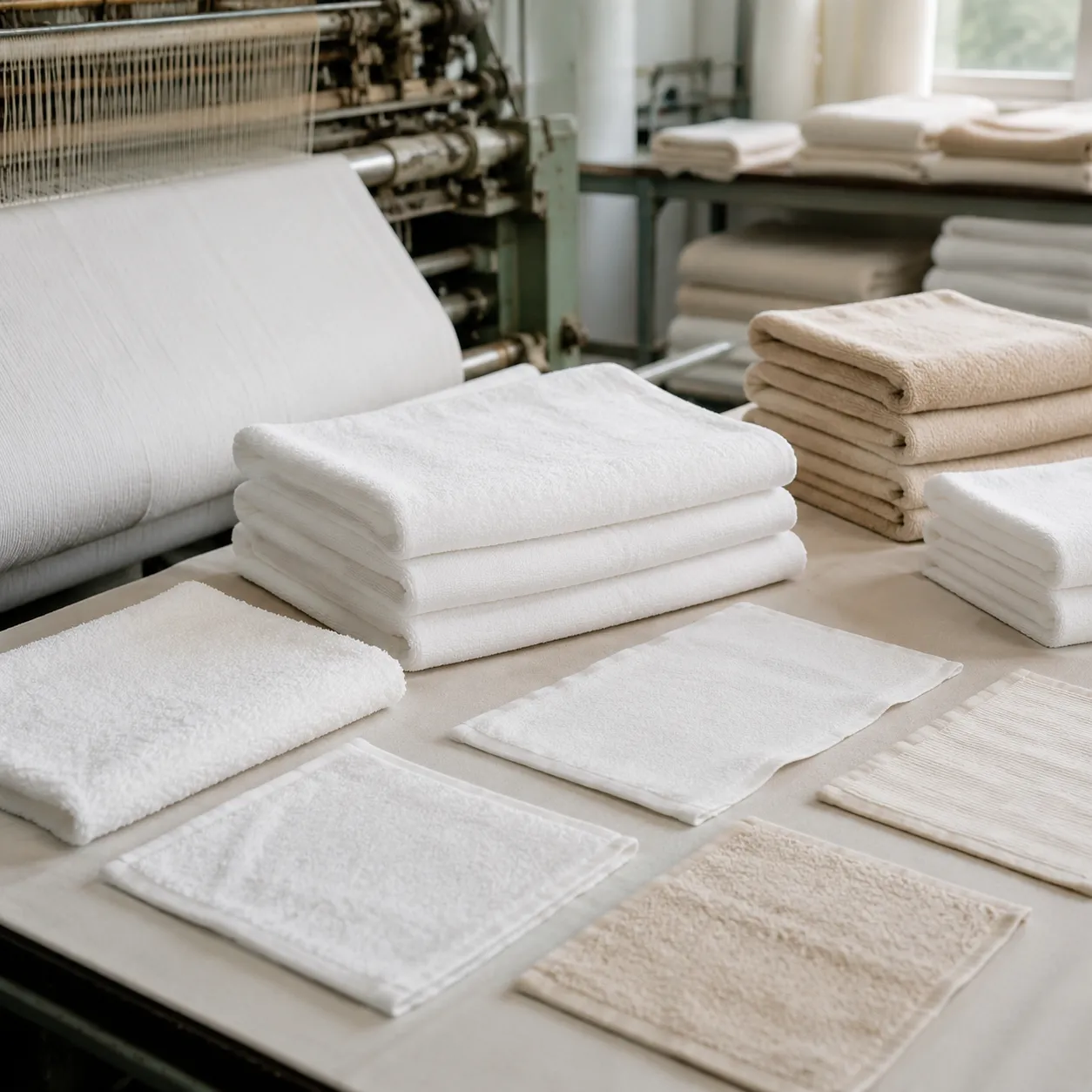 hotelitems bamboo towel inspection table with bath, hand, and face towel samples at the mill