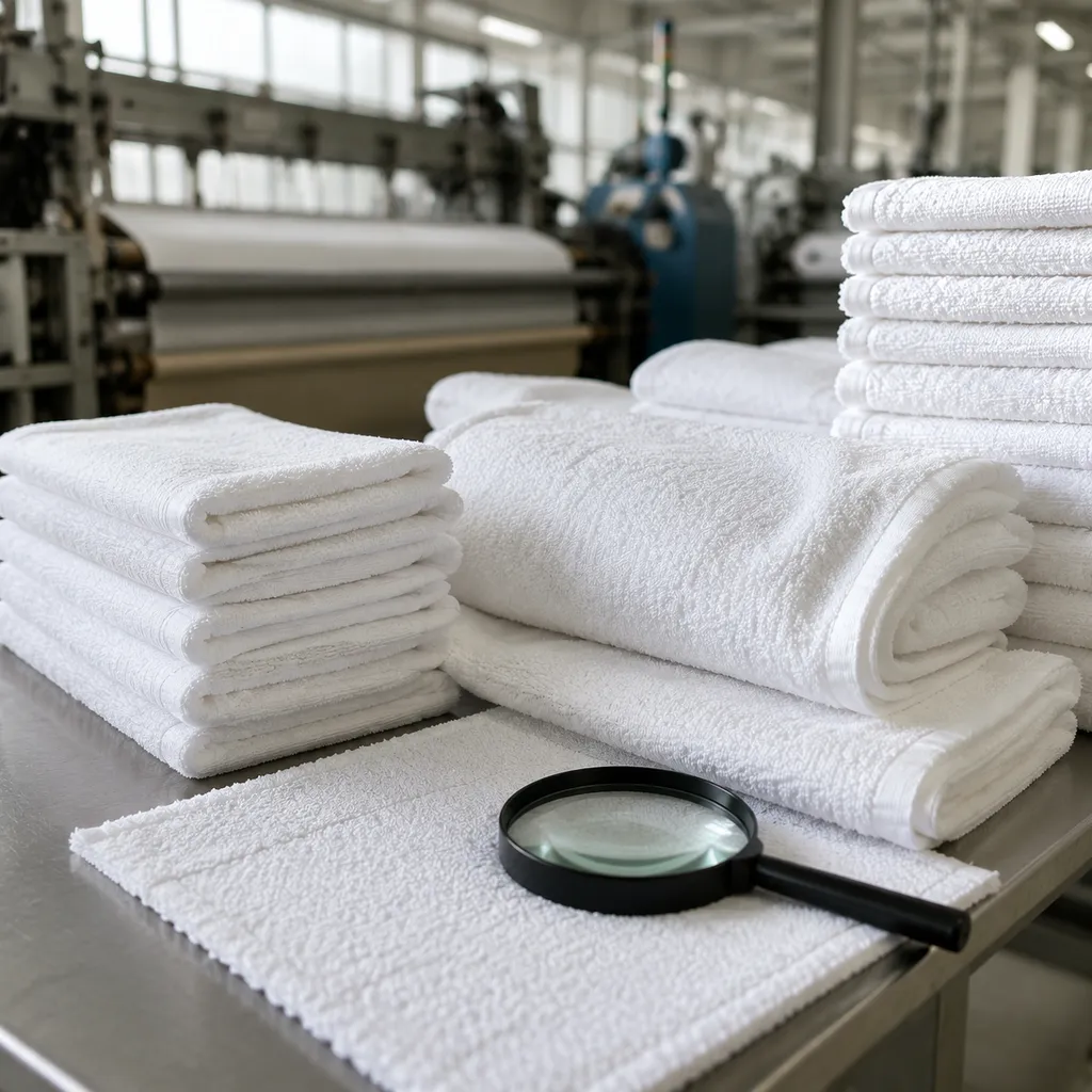 Hotel bath towel wash durability standard checked after laundry cycles in a factory QC room