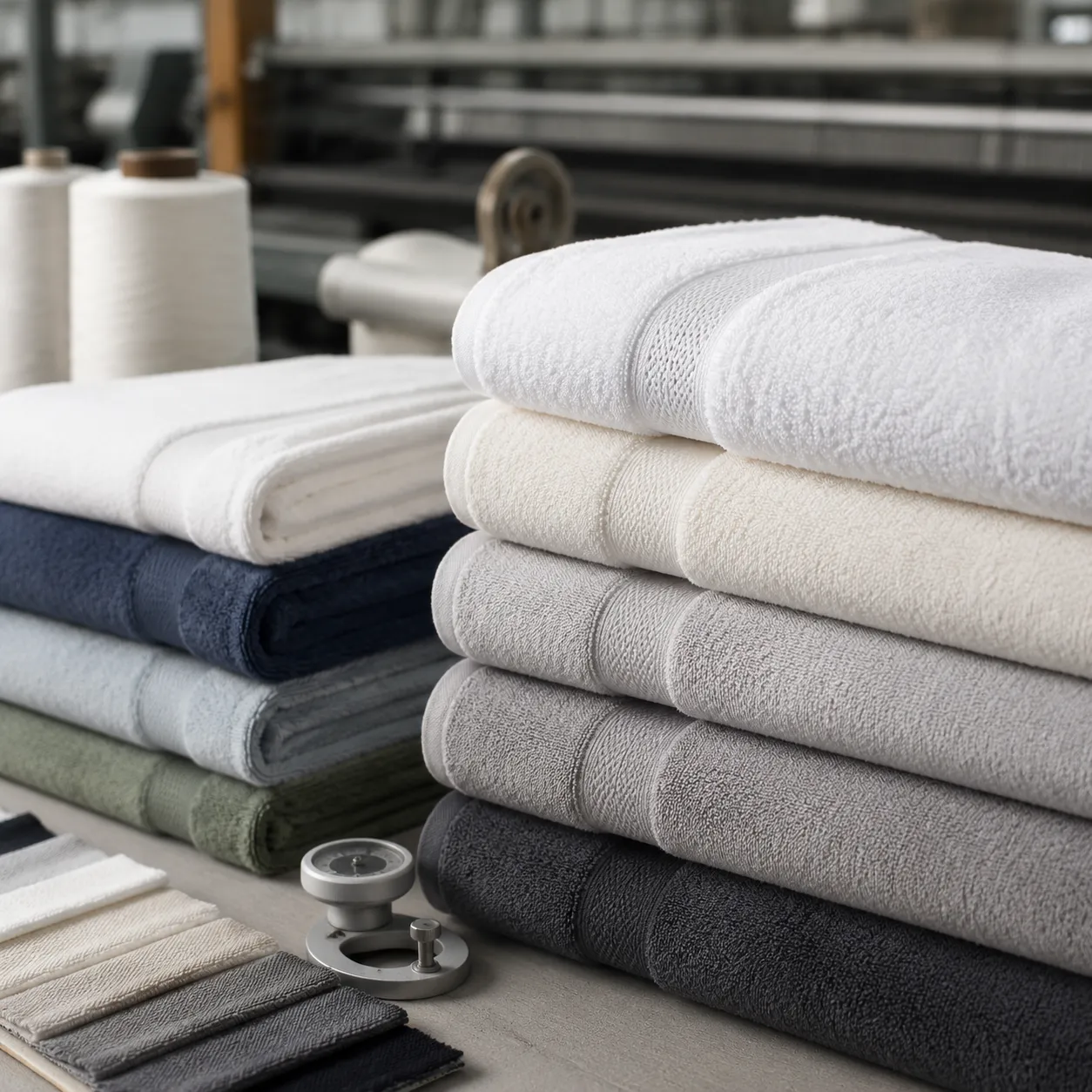Wholesale bath towels stacked after GSM inspection for hotel, spa, and retail OEM programs