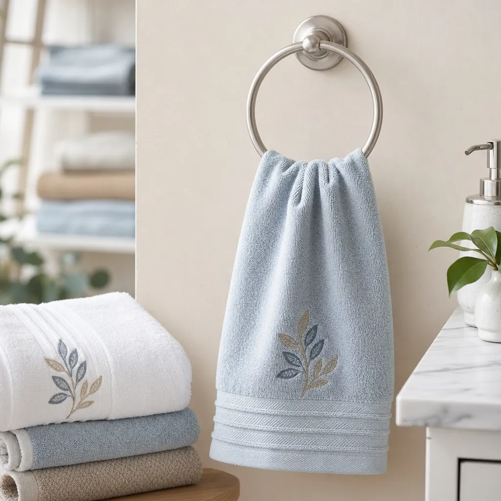 Embroidered hand towels holder for bathroom fit check on ring and wall-mounted display hardware
