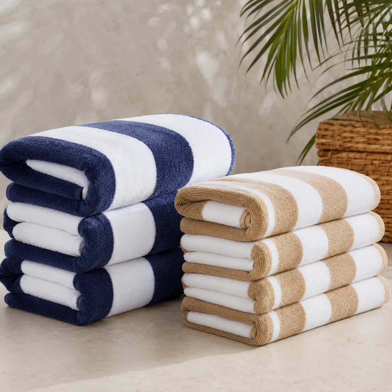 Beach club towel gsm comparison showing striped resort pool towels stacked for deck service