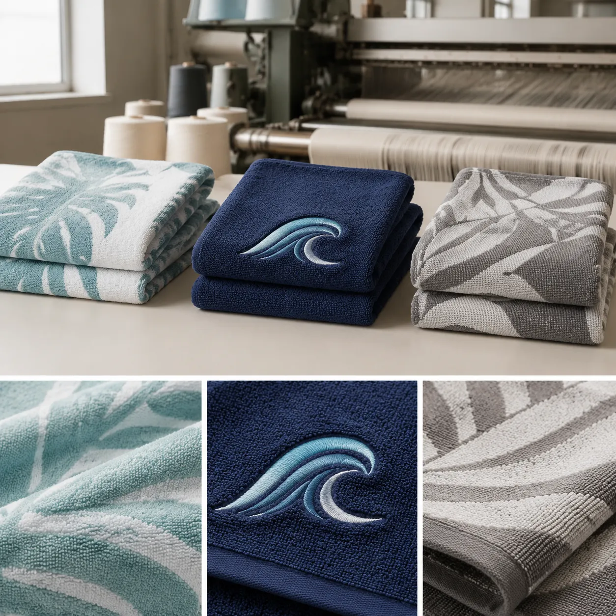 custom beach towel logo decoration comparison showing printed, embroidered, and jacquard logo towels