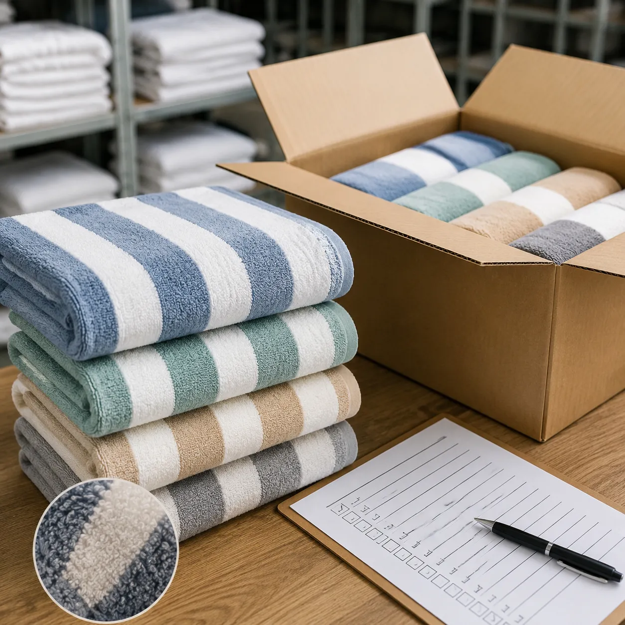 Custom beach towel export carton checklist shown with folded resort towels ready for packing