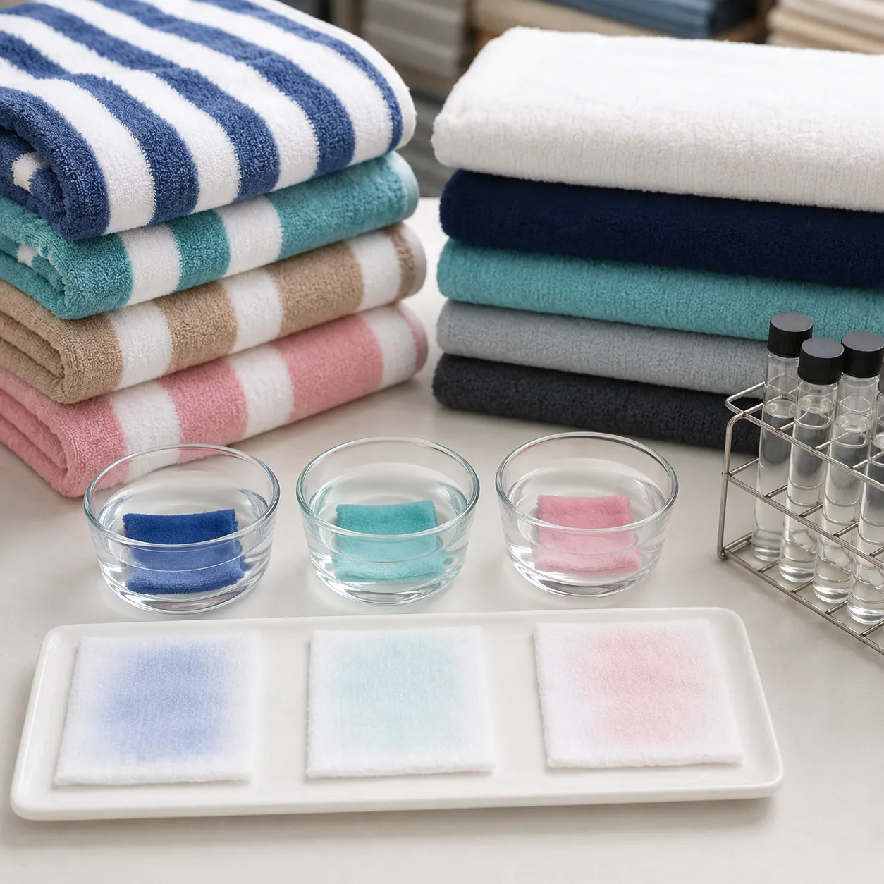 Custom beach towel colorfastness test protocol used for dyed resort towels before bulk shipment