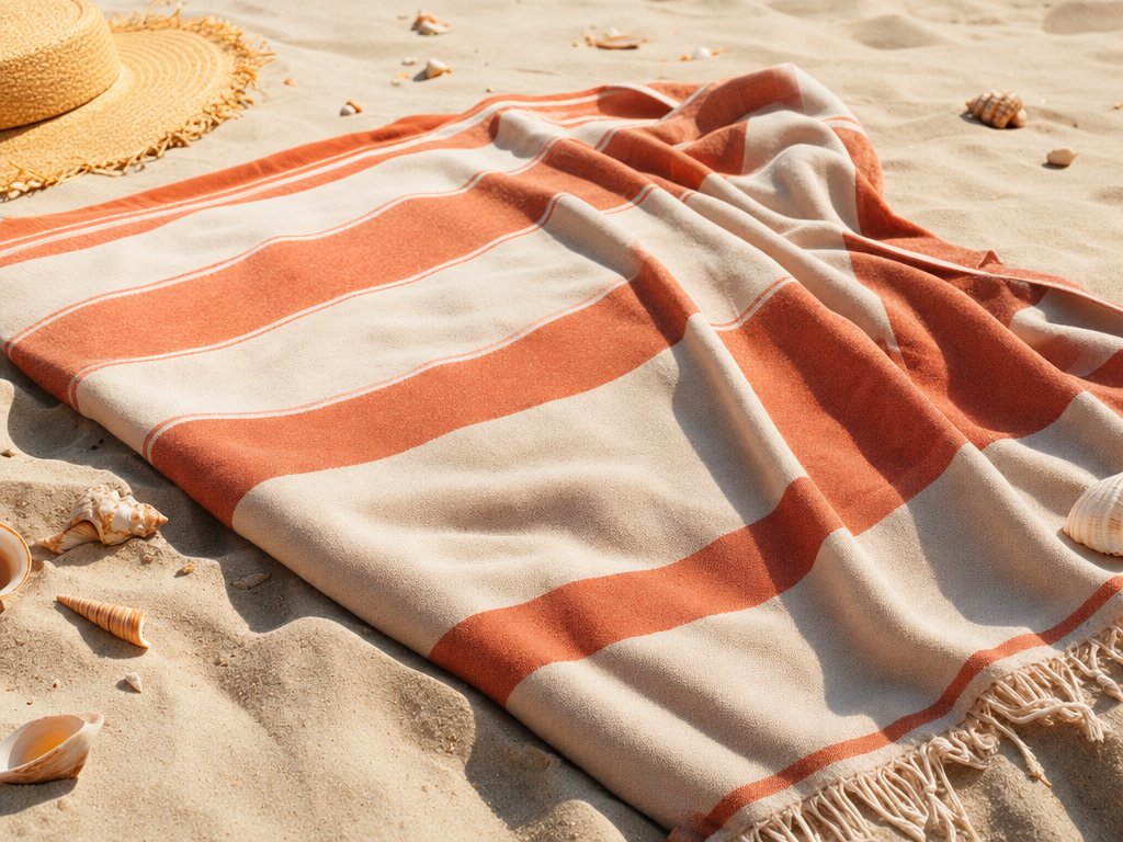 Terracotta and cream striped oversized beach towel on sand with seashells golden hour
