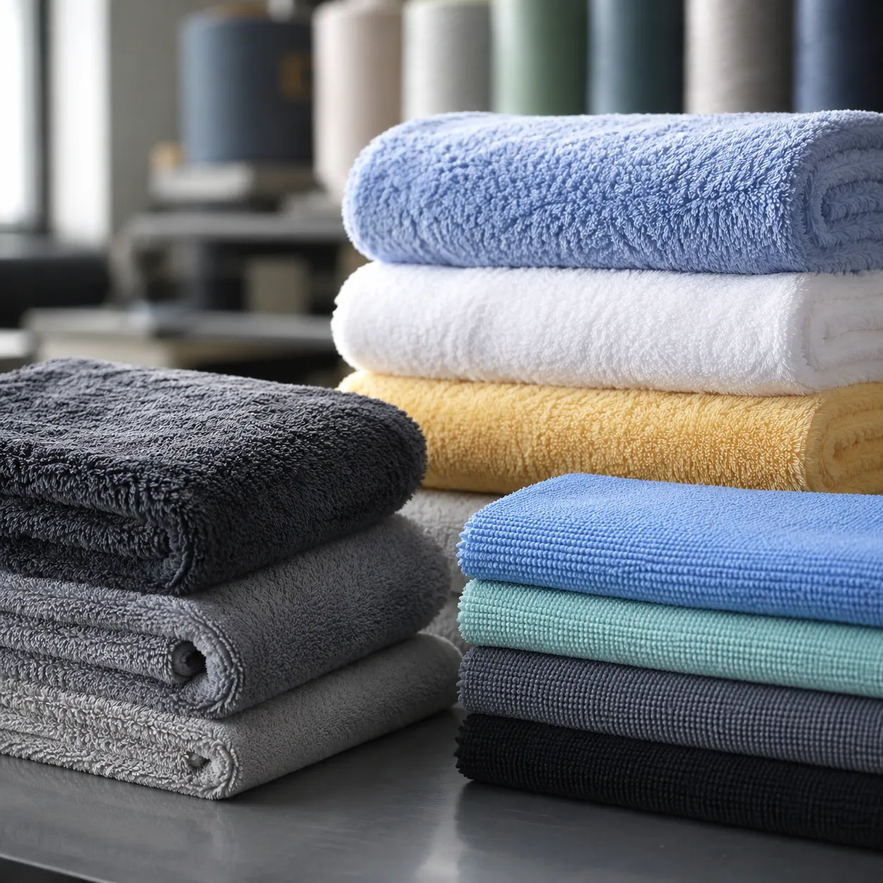 Stack of best car wash towels in microfiber with different pile heights for detailing use