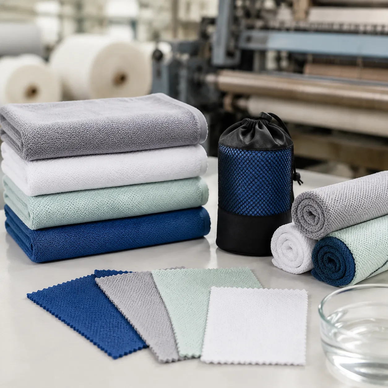 Factory review of best cooling towel for extreme heat with knit fabric, mesh pouch and test samples