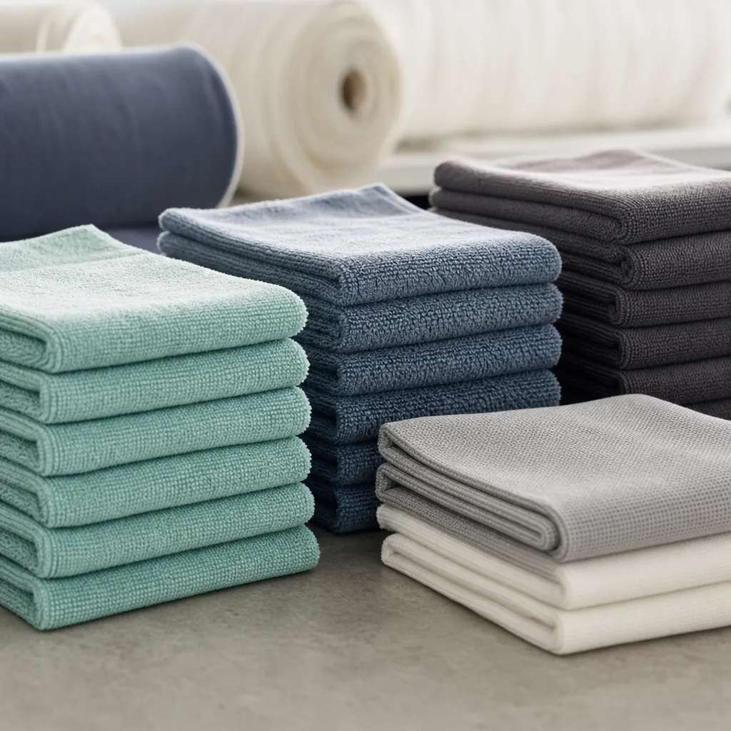 Stacked best microfiber cleaning cloths in different GSM weights for OEM cleaning programs