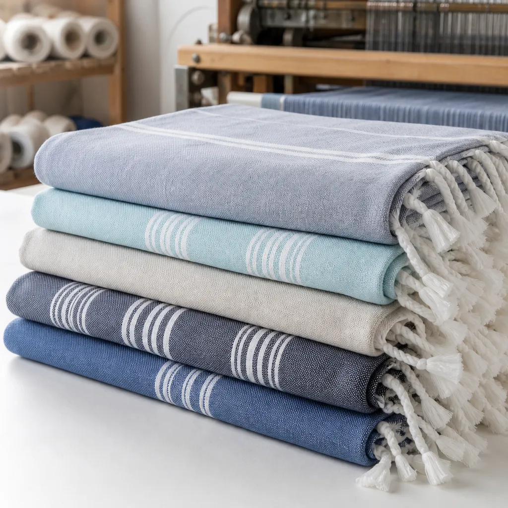 Stack of best turkish towels in flat weave cotton with fringe prepared for wholesale beach programs