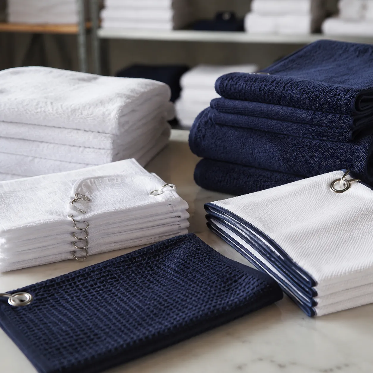 Stacks of golf towels blank in cotton and microfiber waiting for embroidery and grommet assembly