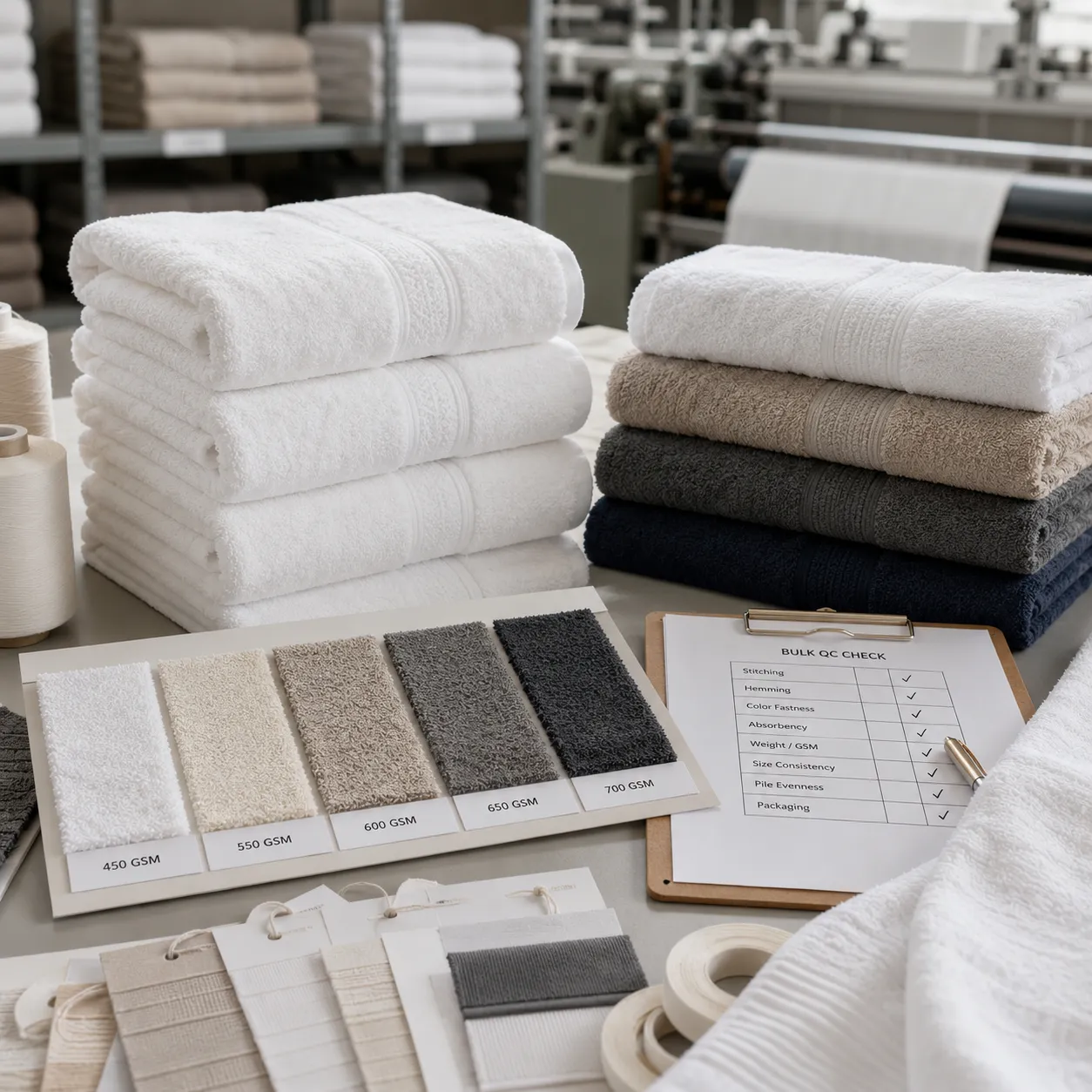 Hotel towels brand spec review with bath towel piles, labels, GSM swatches, and bulk QC notes