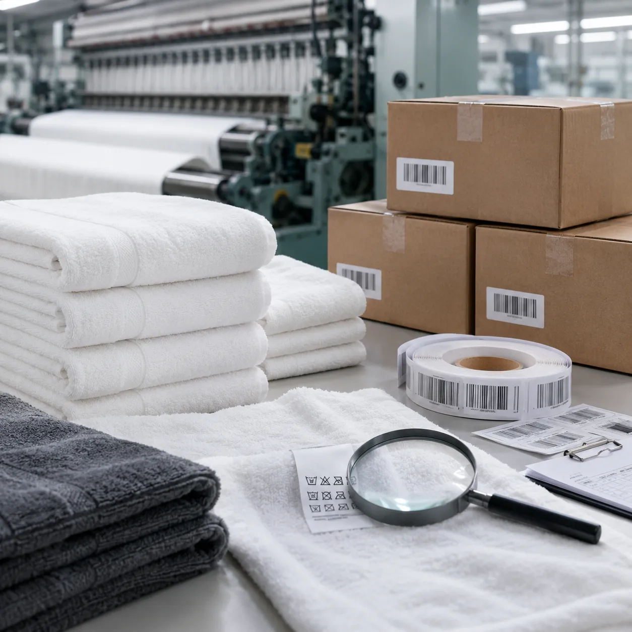 Hospital towel private label packaging line with barcode cartons and care label checks at factory