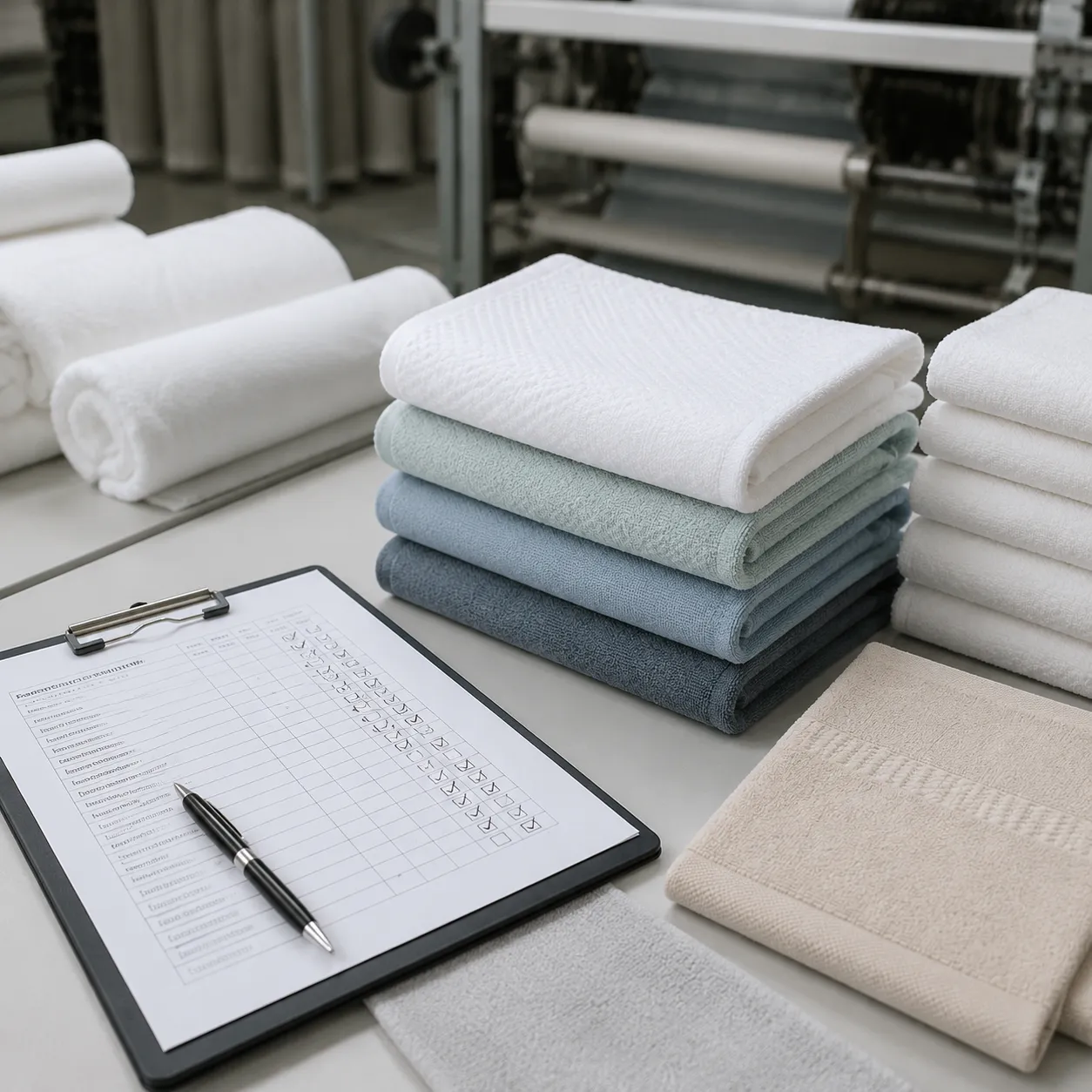 Hospital towel supplier audit checklist review on a factory QC table before healthcare bulk production