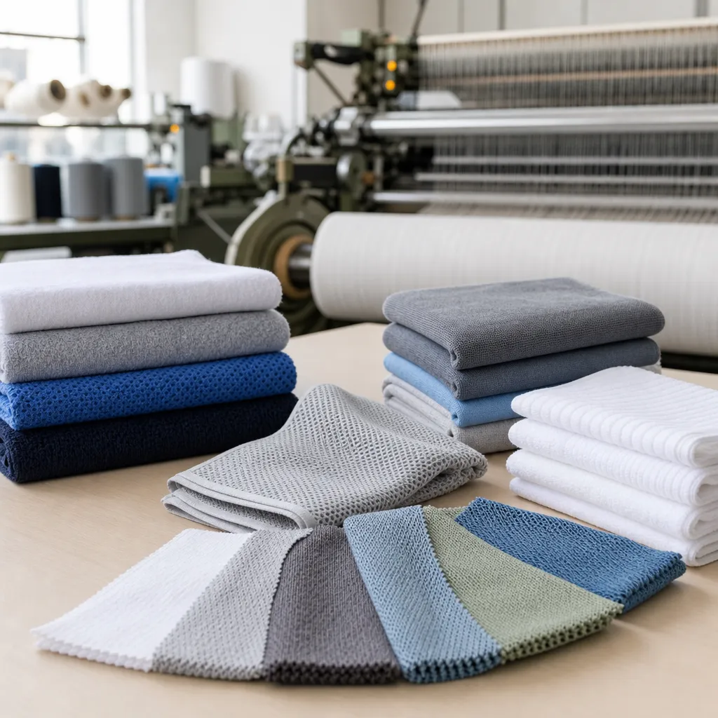 Factory sample table answering what is a cooling towel for sports and wellness buyers comparing fabrics
