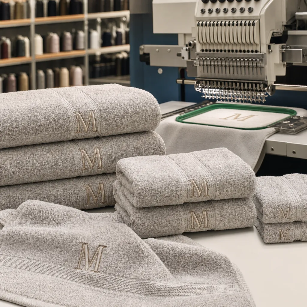 Factory embroidery setup for a monogram towel set with bath, hand, and wash towel sizes aligned