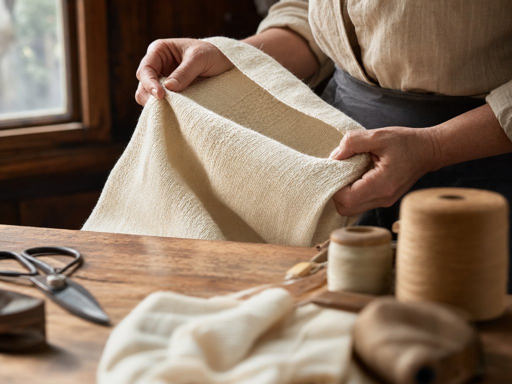 Skilled craftsperson hands inspecting freshly woven cream-colored towel in window light at artisan workshop