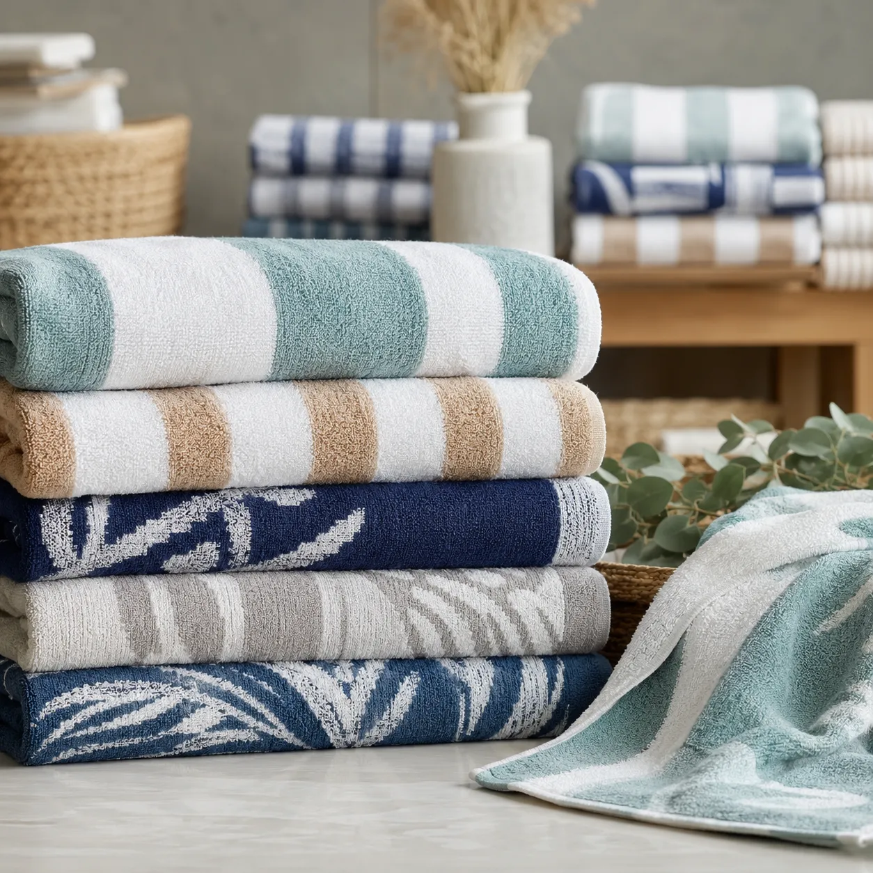 High quality custom beach towels stacked for resort and retail bulk sourcing review