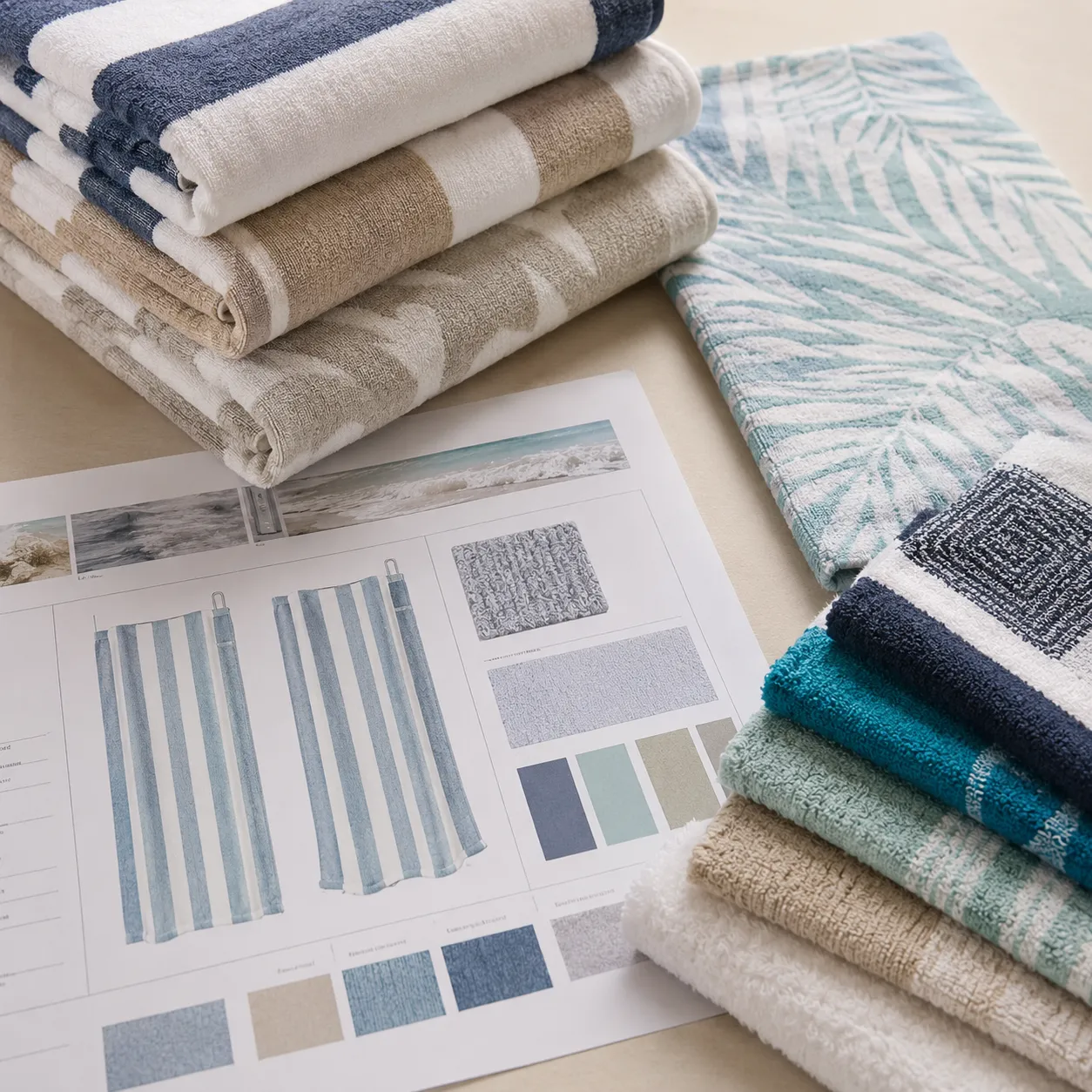 Custom beach towel buyer technical data sheet reviewed beside dyed resort towel samples