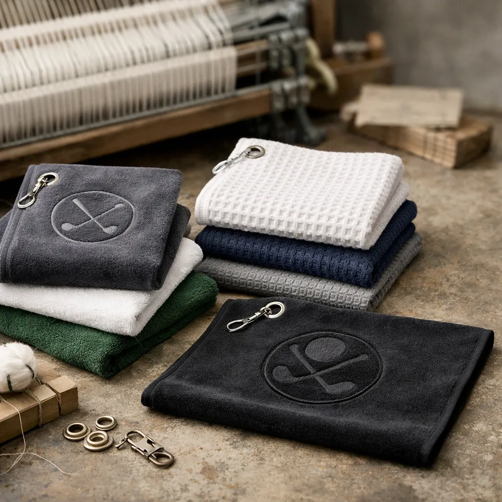 Custom golf towel with logo in velour, waffle, and grommet builds for clubs and events