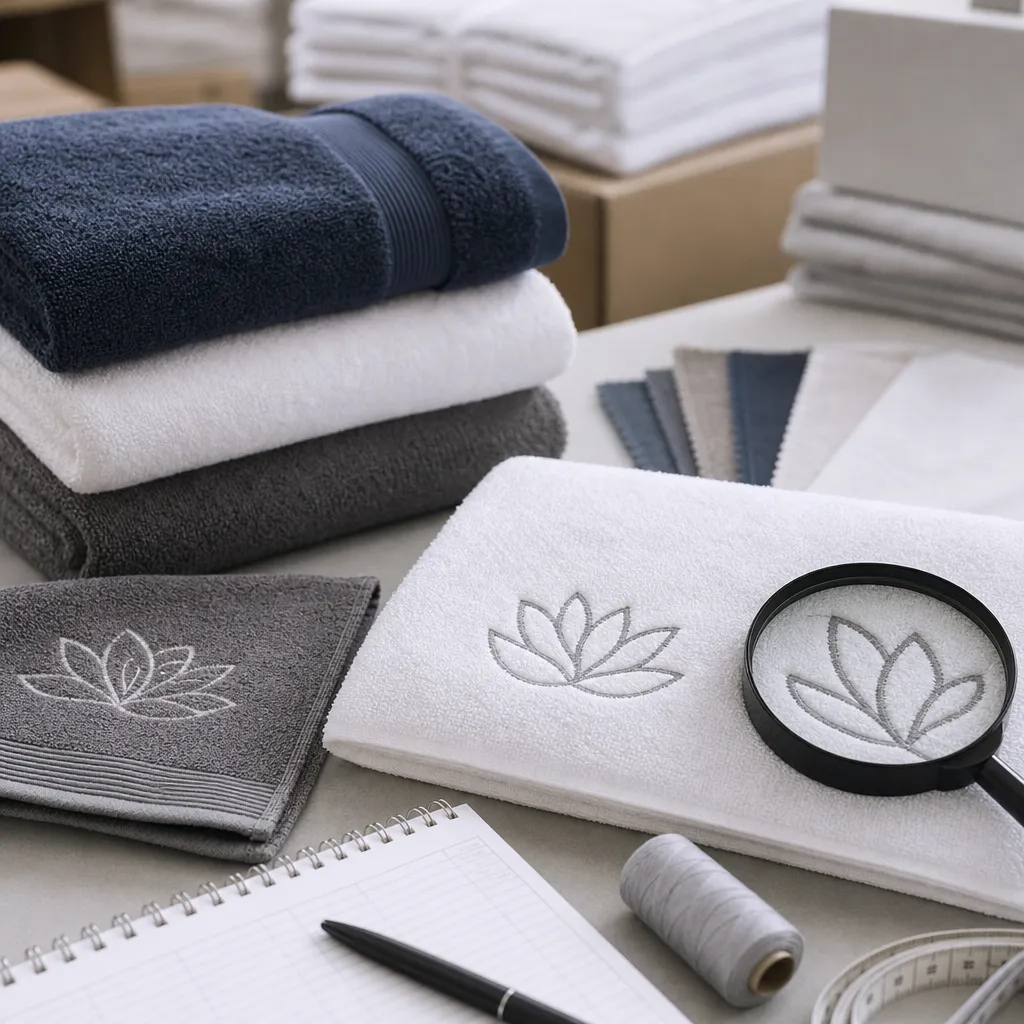 Custom logo towels being checked for embroidery placement and stitch quality before bulk packing