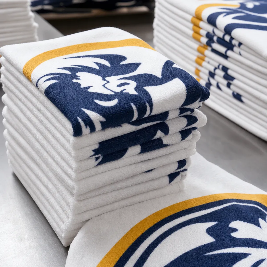 Custom rally towels stacked after screen printing for stadium giveaway and sports event programs