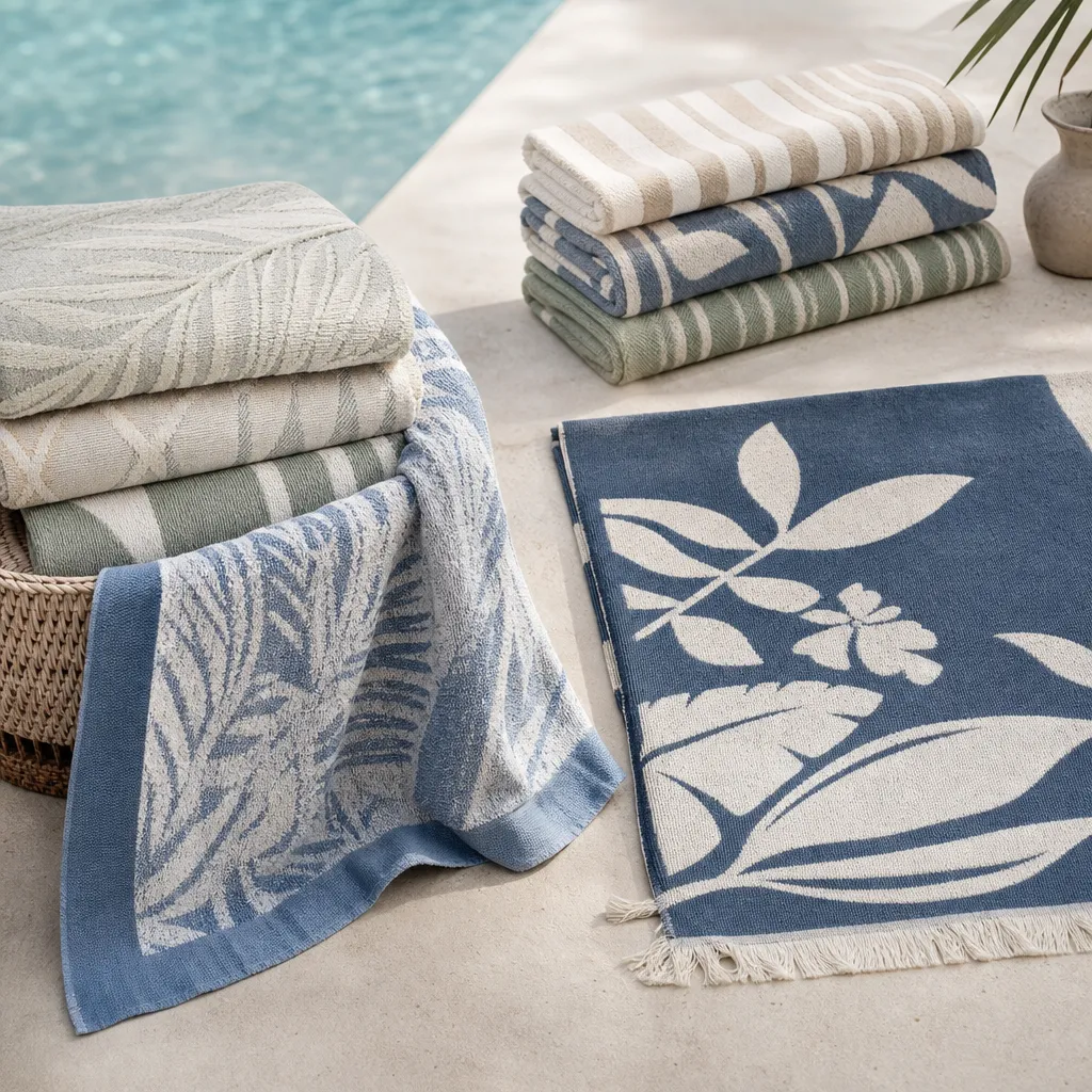 Designer beach towels on a resort deck showing printed and jacquard OEM artwork options