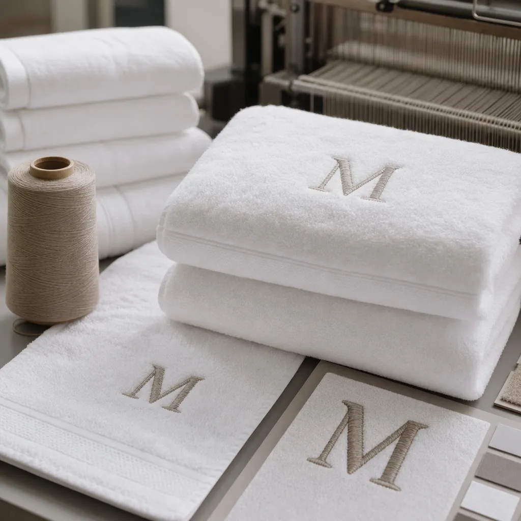 Monogram bath towel embroidery sample showing stitch density, placement, and clean hotel-ready finishing