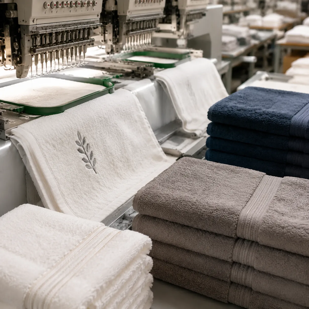 Factory embroidery line producing towels for an embroidered hand towel bulk pricing model quote