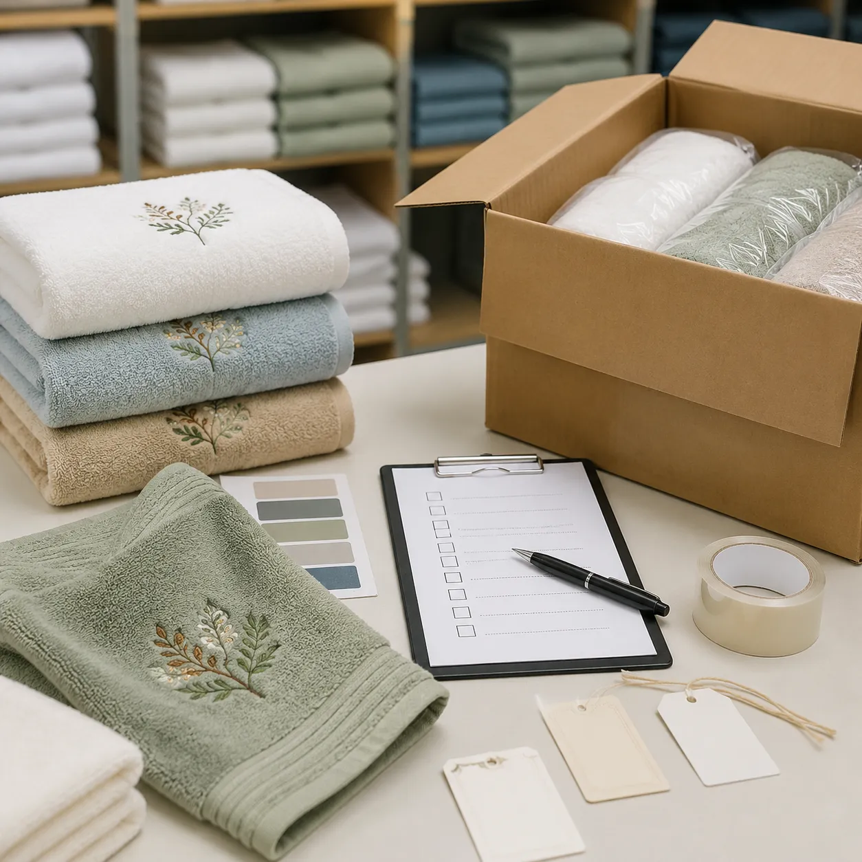 QC manager reviewing swim team towel factory audit checklist on bulk towel production floor