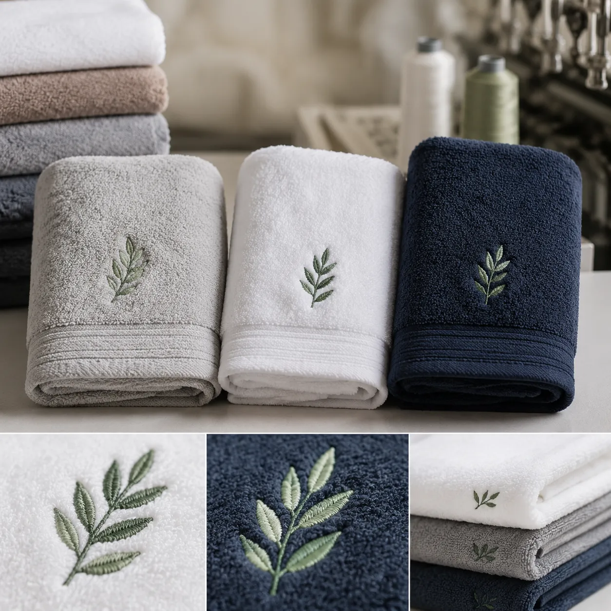Embroidered hand towel logo decoration comparison showing stitch density and logo placement
