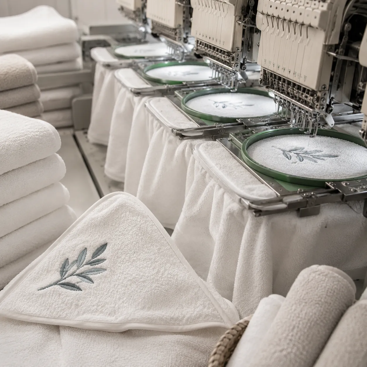 Factory embroidery frame setup for embroidered hooded towel logos on cotton terry hoods