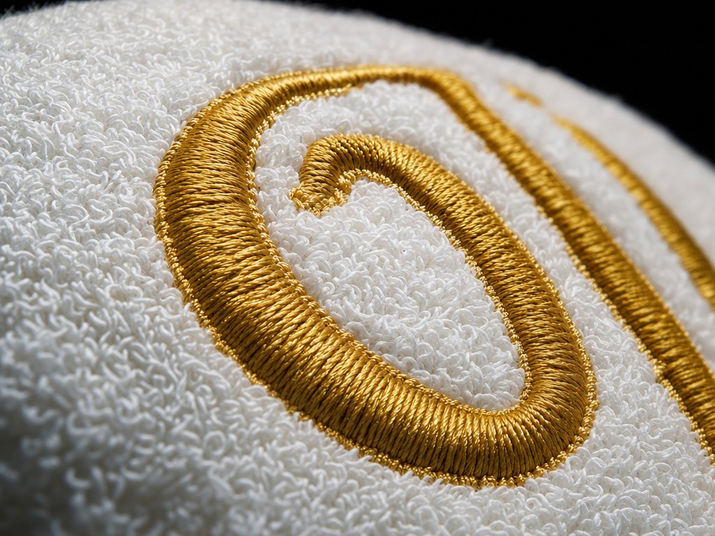 Extreme macro of gold-thread embroidered monogram letter on white cotton terry towel showing every stitch