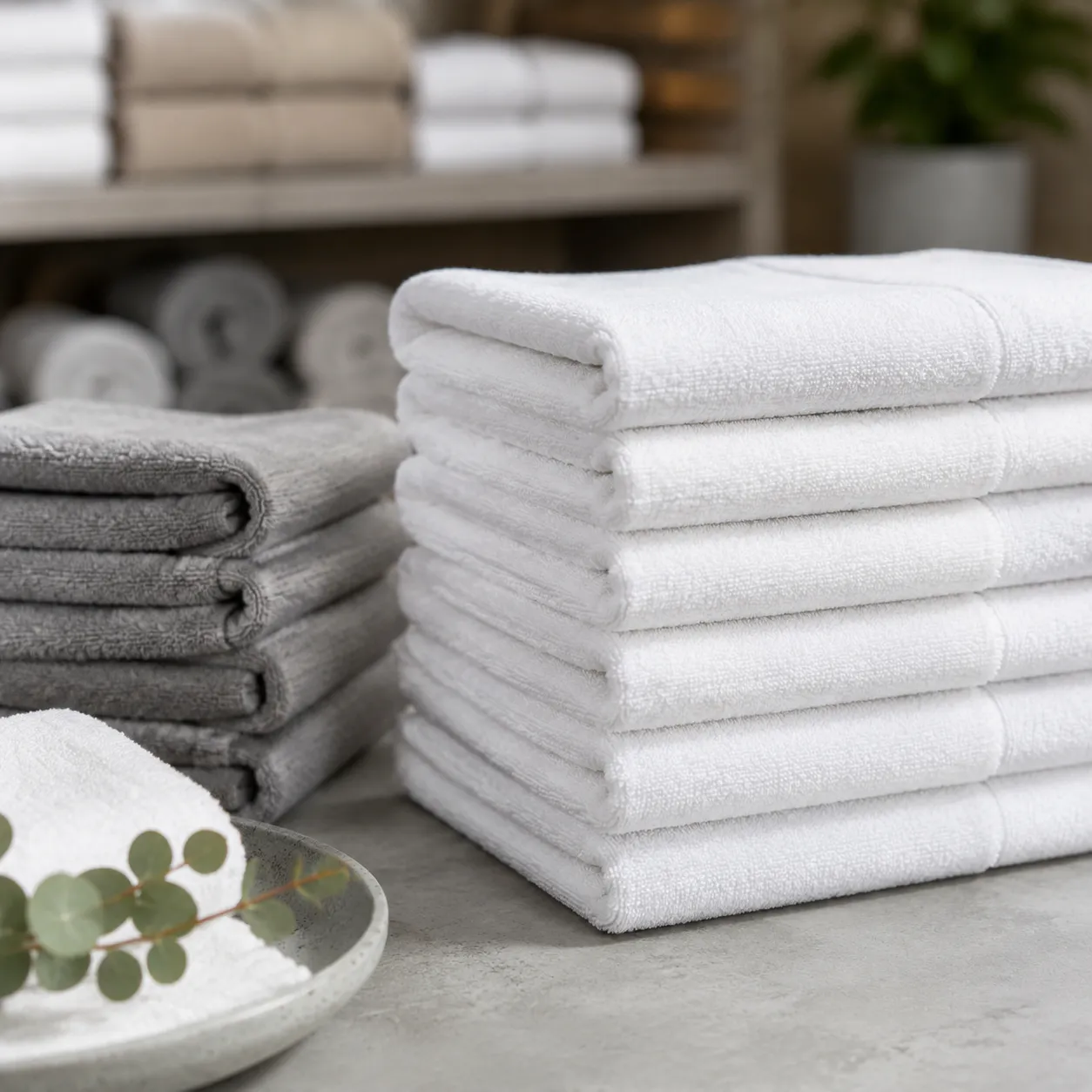 Stacks of best facial towels for estheticians folded for spa treatment room warmer use