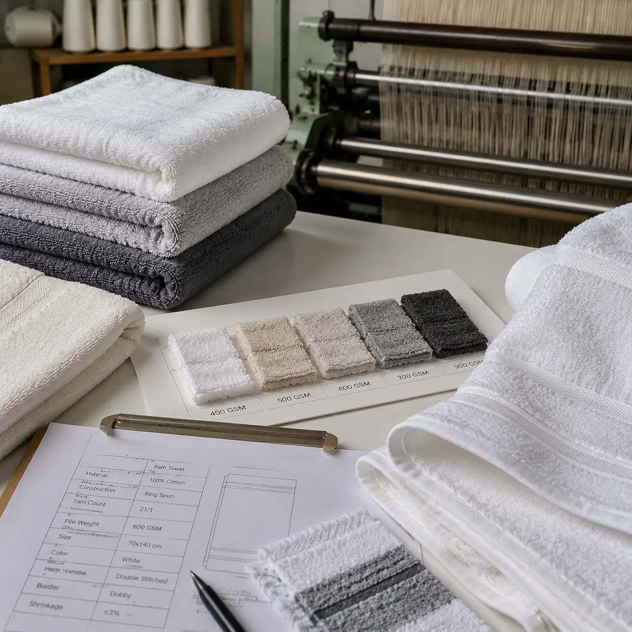 Hotel towel manufacturers inspection table with GSM samples and hotel bath towel specs