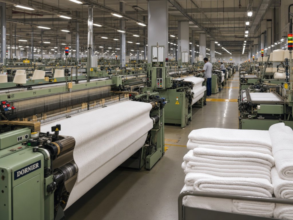 Modern textile factory floor with rows of industrial weaving machines producing custom cotton towels at LUMA mill