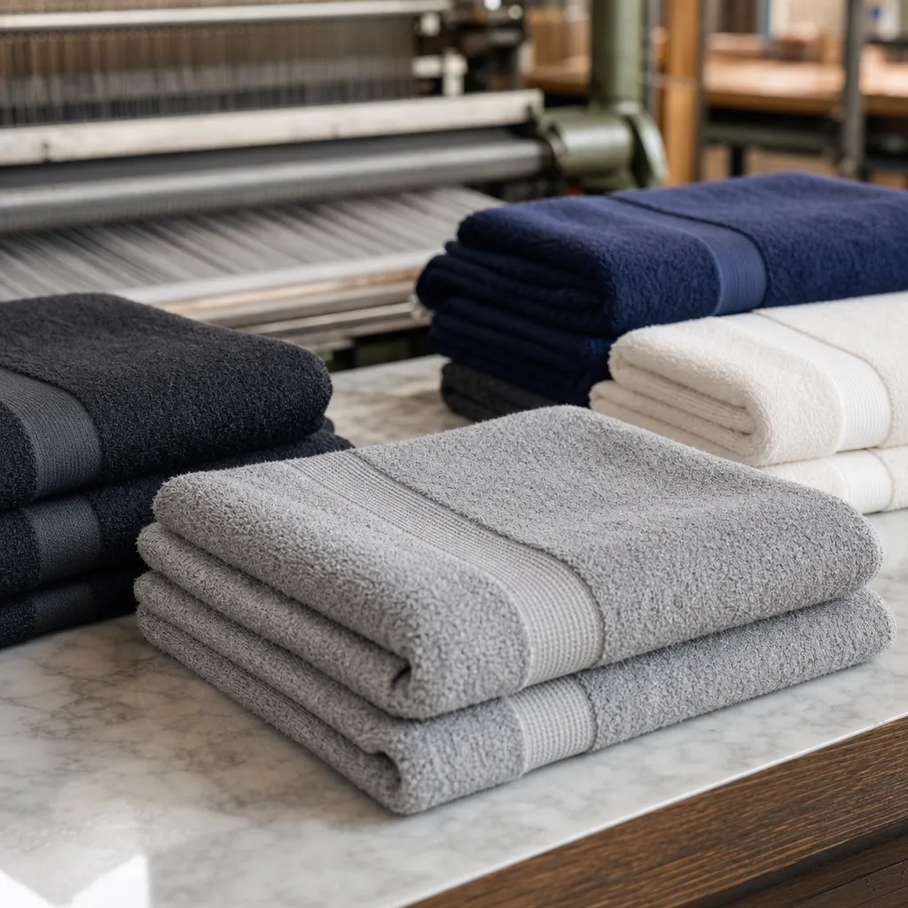 Folded gym sweat towel samples with woven borders for fitness clubs and workout towel brands