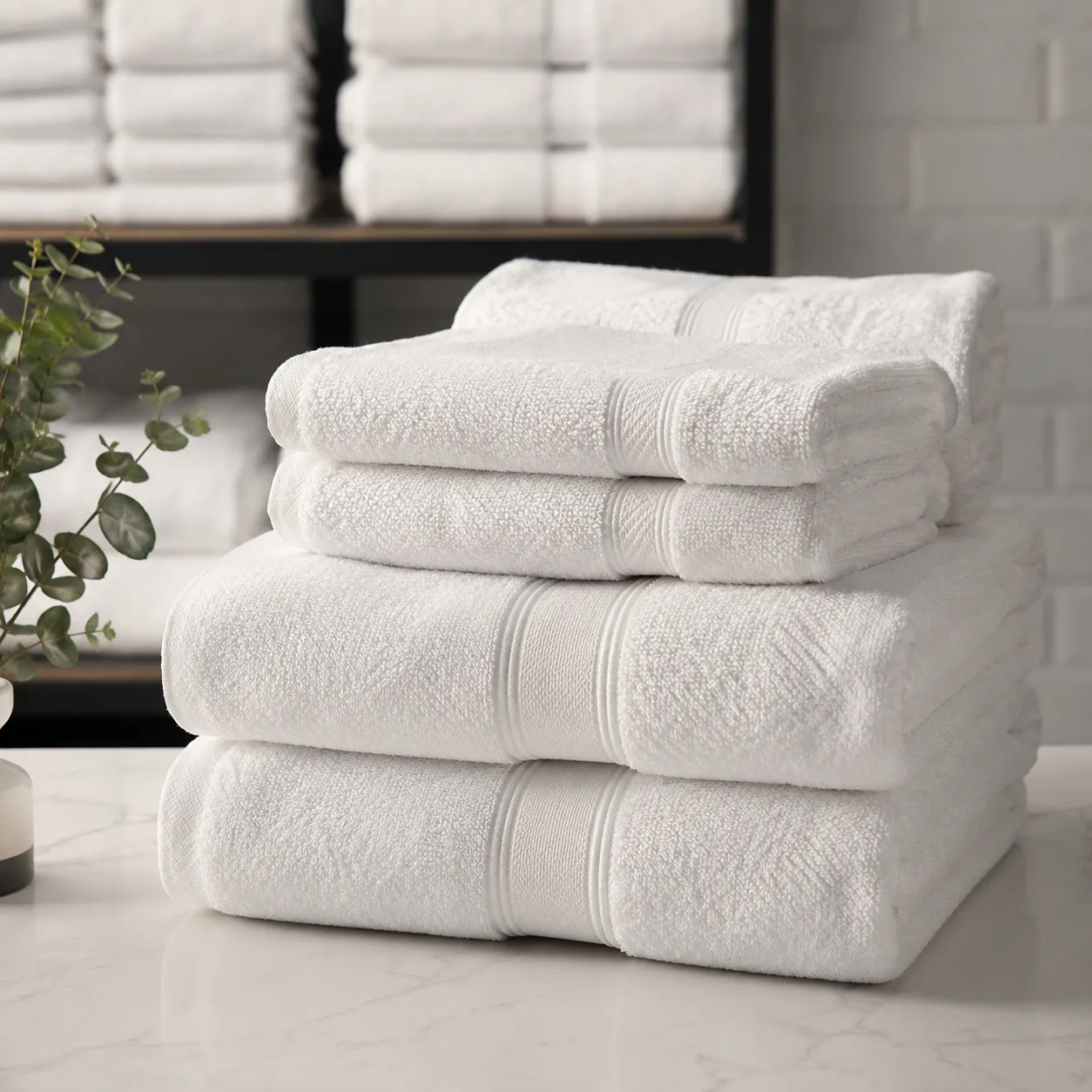 Stacked hotel style luxury bath towels in white cotton prepared for hospitality sourcing review