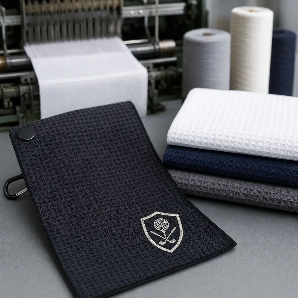 Ghost golf towel production sample with waffle fabric, corner magnet, carabiner, and embroidered club logo