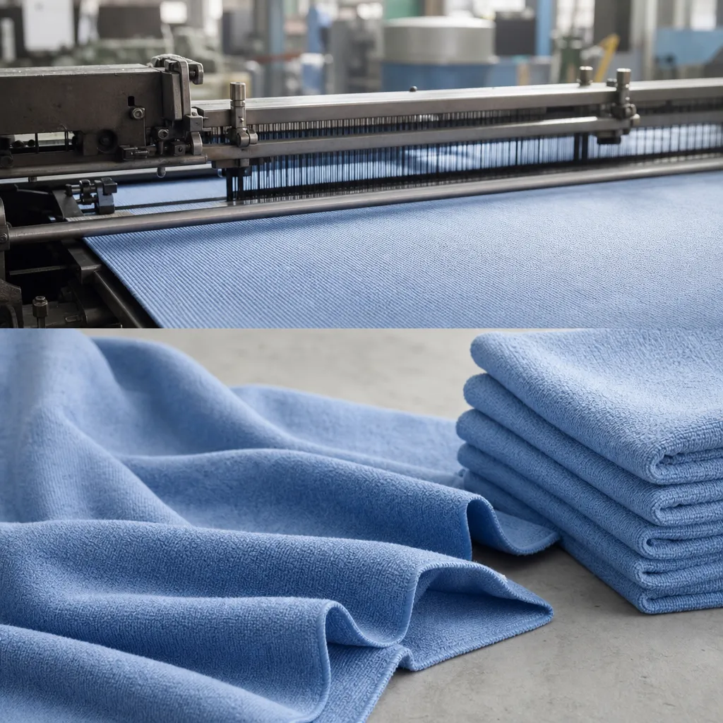 Blue microfiber towel for glass inspection under side light in factory QC area