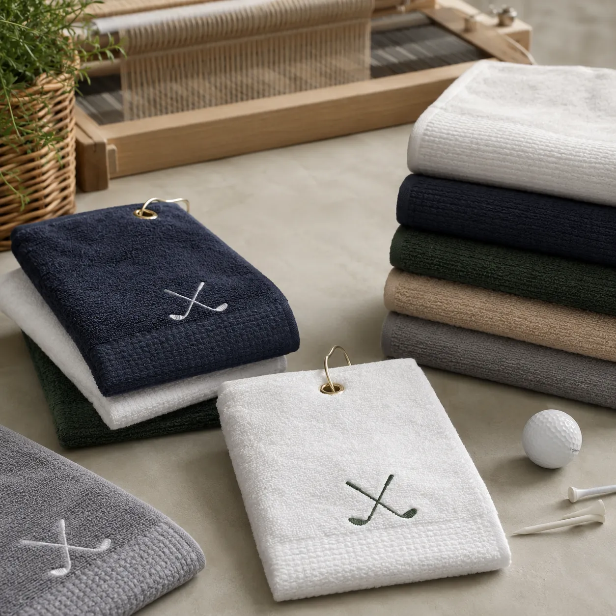 Custom golf towel hotel procurement checklist showing hotel golf towels with hook and logo