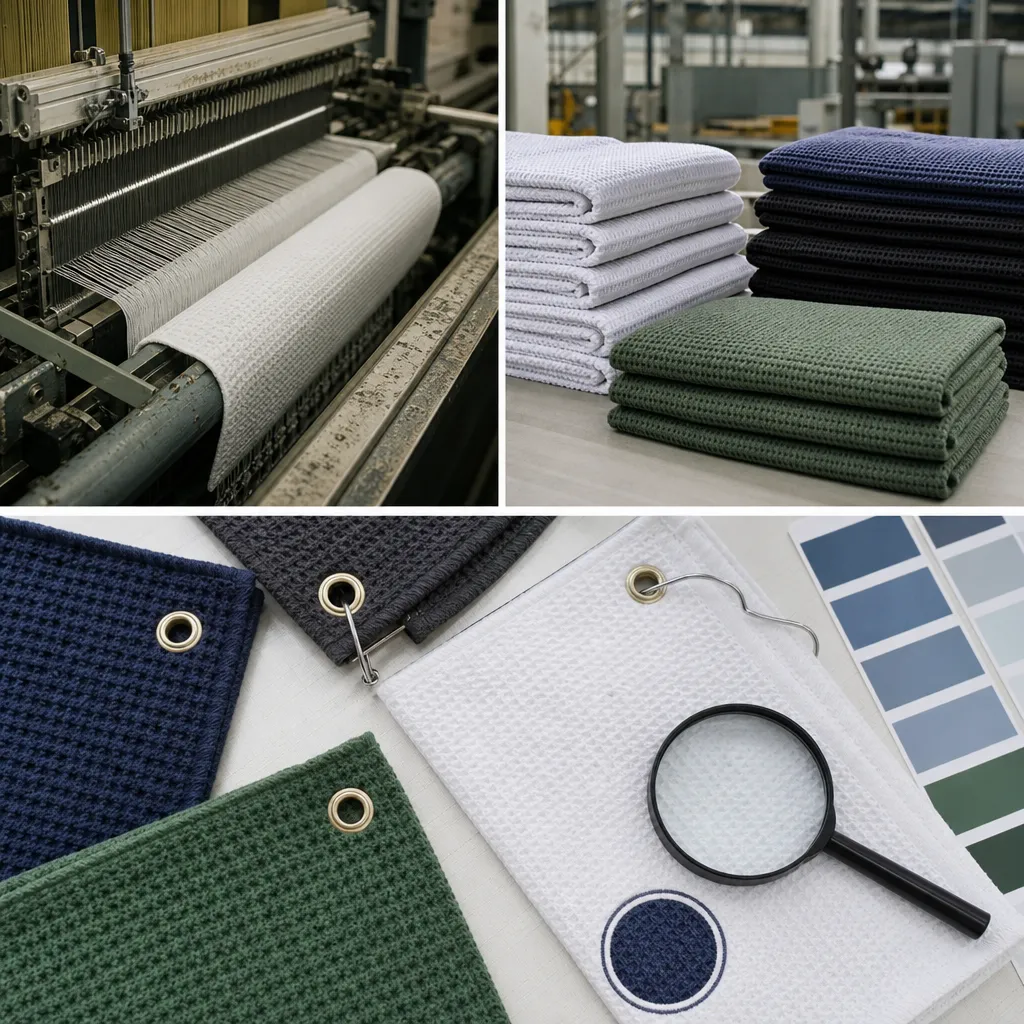 Golf towels wholesale production with waffle texture, grommet placement, and logo sampling checks