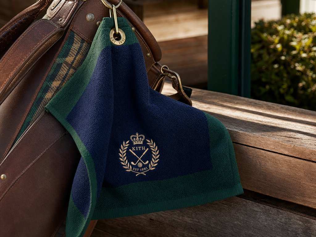 Navy and forest green golf towel with brass grommet and embroidered crest on leather bag