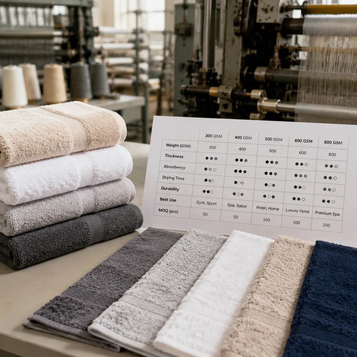 Low MOQ towels gsm comparison table reviewed beside cotton terry samples on the mill floor