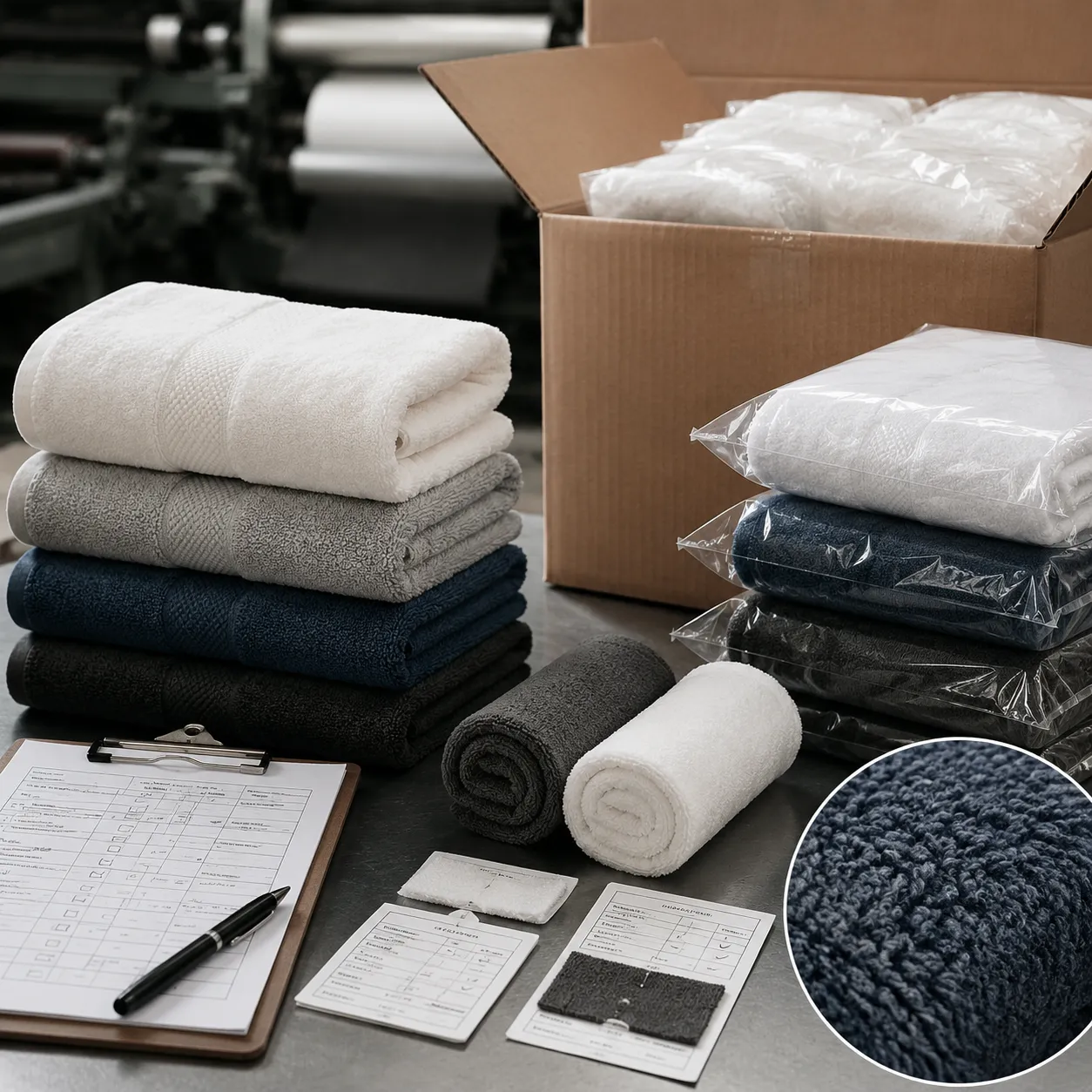Gym towel durability export carton checklist showing folded towels, polybags, cartons, and QC labels